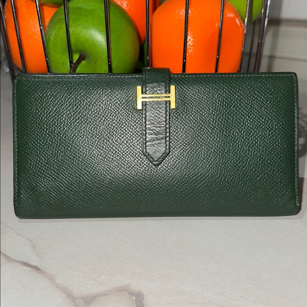 ⭐️Certified Hermes Bearn Classic Long Vert Cypres Epsom Calfskin Wallet Gold HW